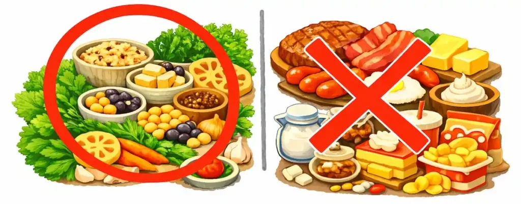 自然療法で摂りたい食材と避けたい食材のイメージ図