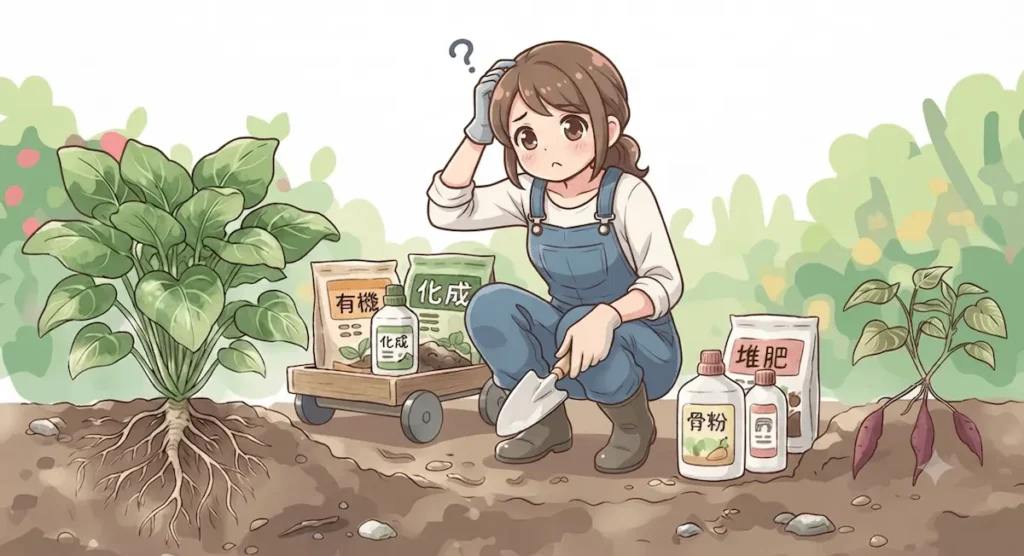 肥料選びに迷う様子